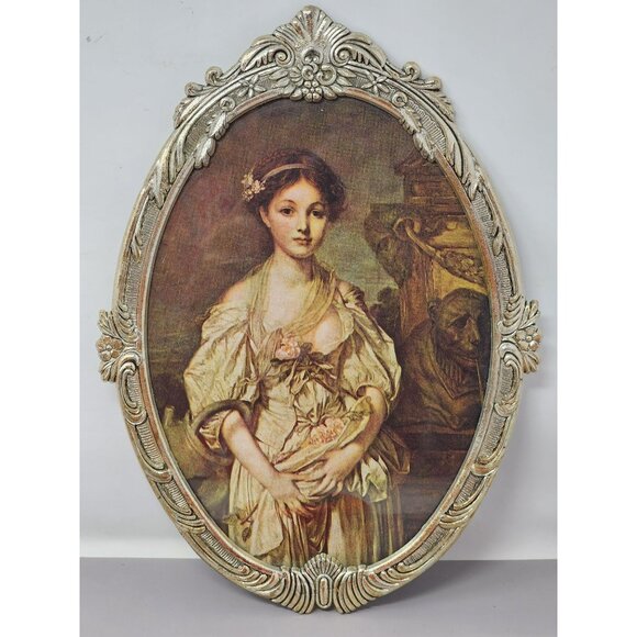 Antique-Style Ornate Oval Framed Portrait Artwork Elegant Woman In Period Dress‎ - Picture 1 of 5